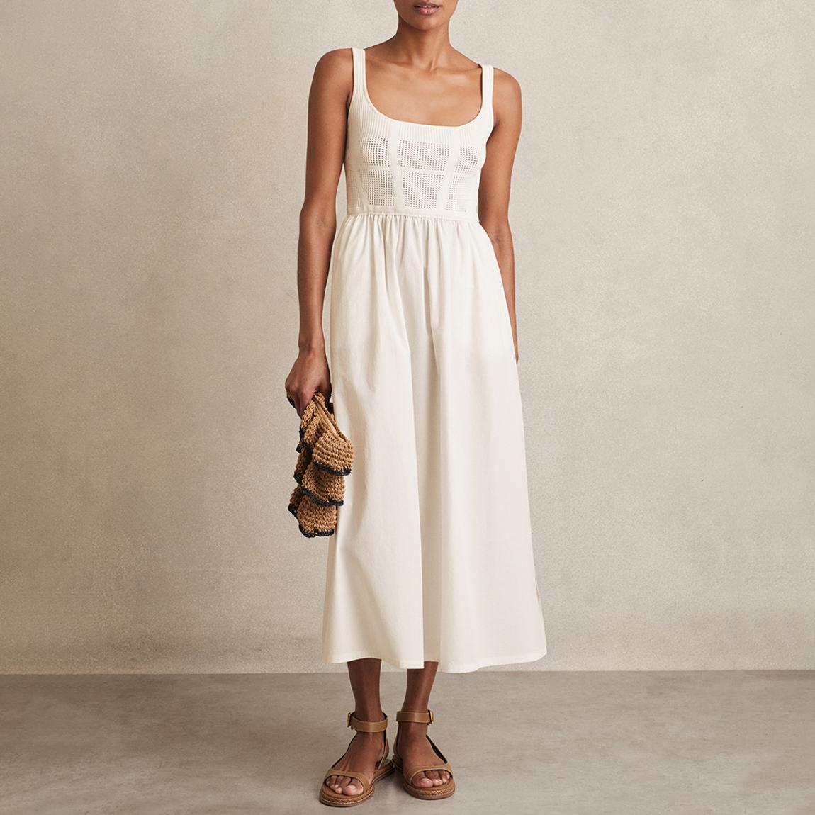 Reiss Ivory Kori Knit/Cotton Mix Midi Dress - BrandAlley