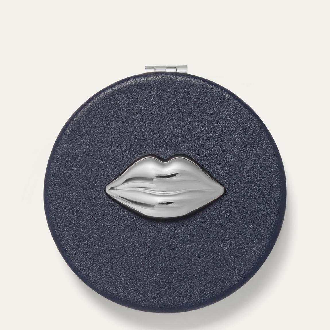 Lulu Guinness Navy Lip Metal Liv Compact Mirror - BrandAlley