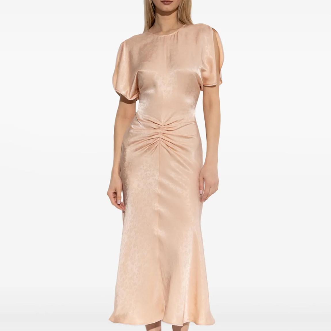 Victoria Beckham Blush Gathered Waist Midi Dress - BrandAlley