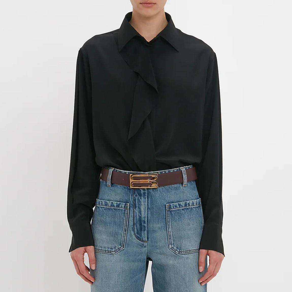 Victoria Beckham Black Asymmetric Ruffle Blouse - BrandAlley