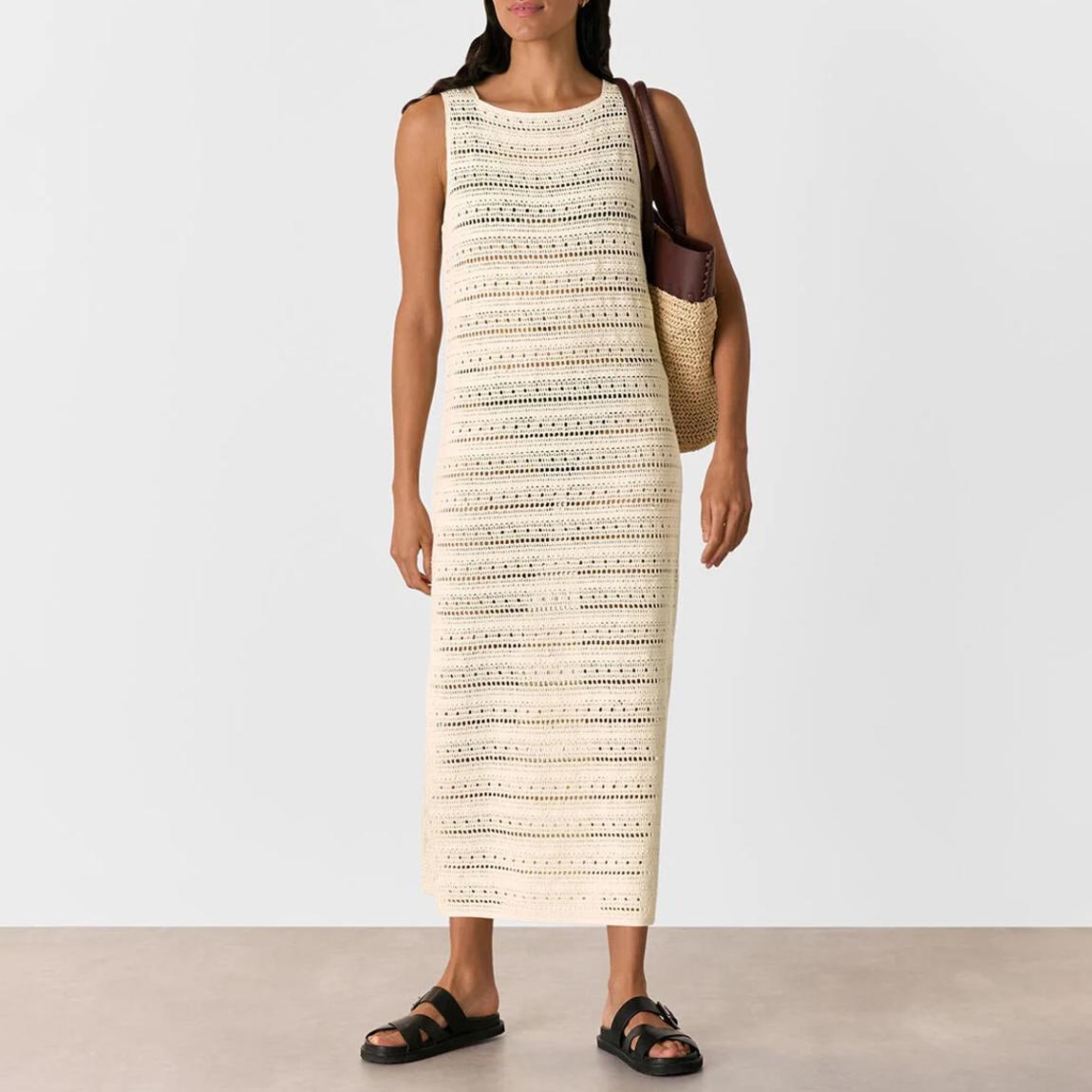 WHISTLES Cream Long Crochet Beach Dress - BrandAlley