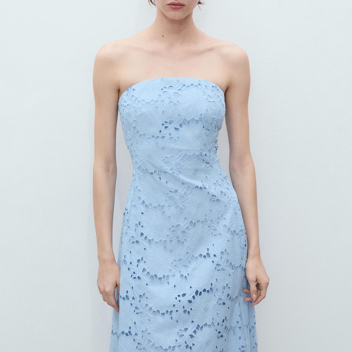 Mango Light Blue English Floral Embroidered Strapless Dress - BrandAlley
