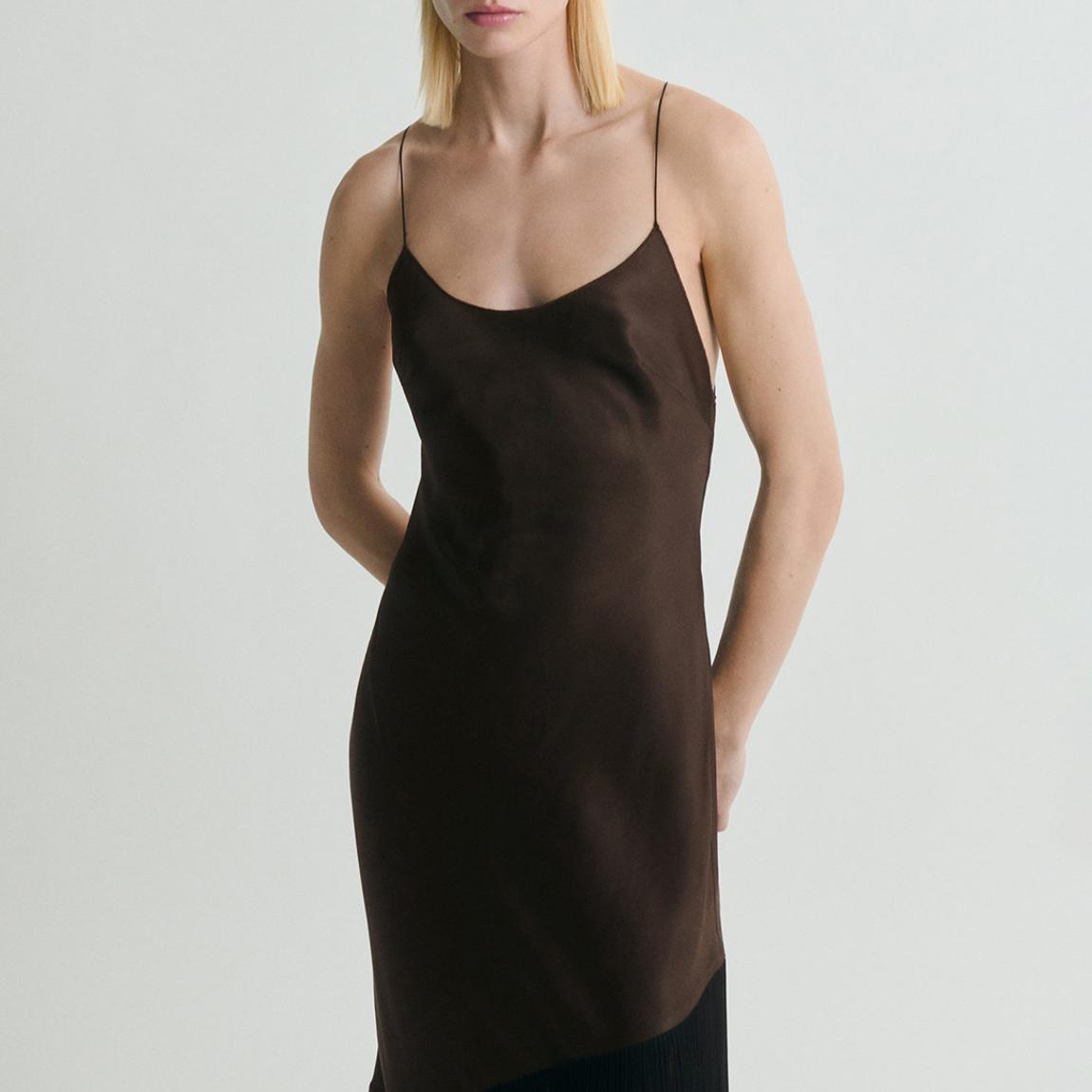 mango scoop neck satin dress with fringed hem in brown MANGO Scoop Neck Satin Dress With Fringed Hem In Brown
