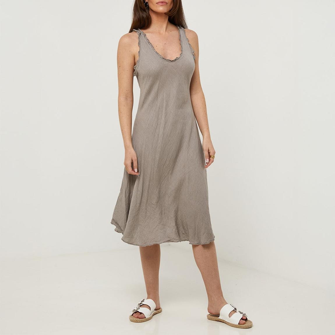 chinese dress ladies Taupe Puff Sleeve Linen Midi Dress – The Prissy Pelican main image 1