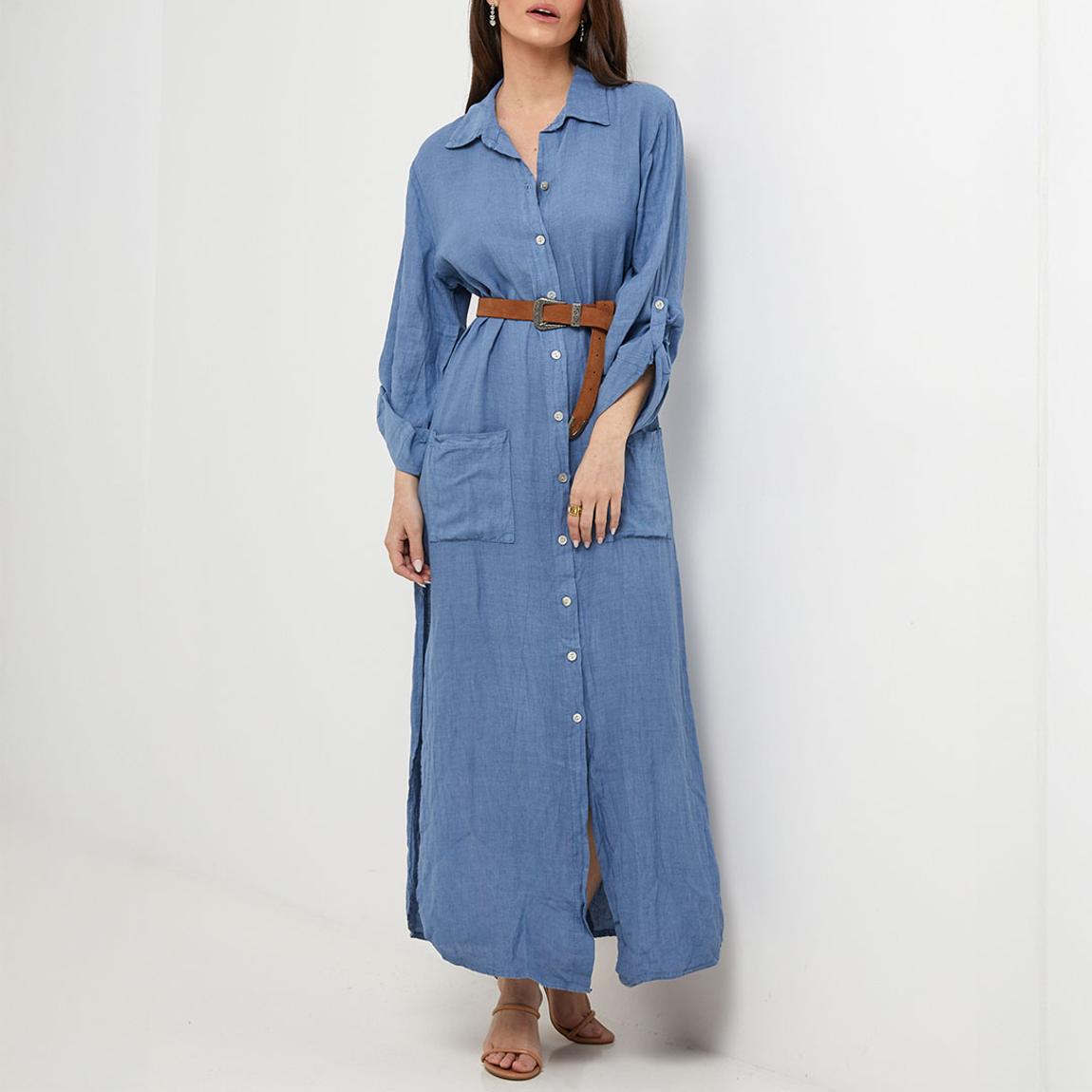 princess polly baby blue dress Alice Linen Drop Shoulder Maxi Dress in Powder Blue main image 1