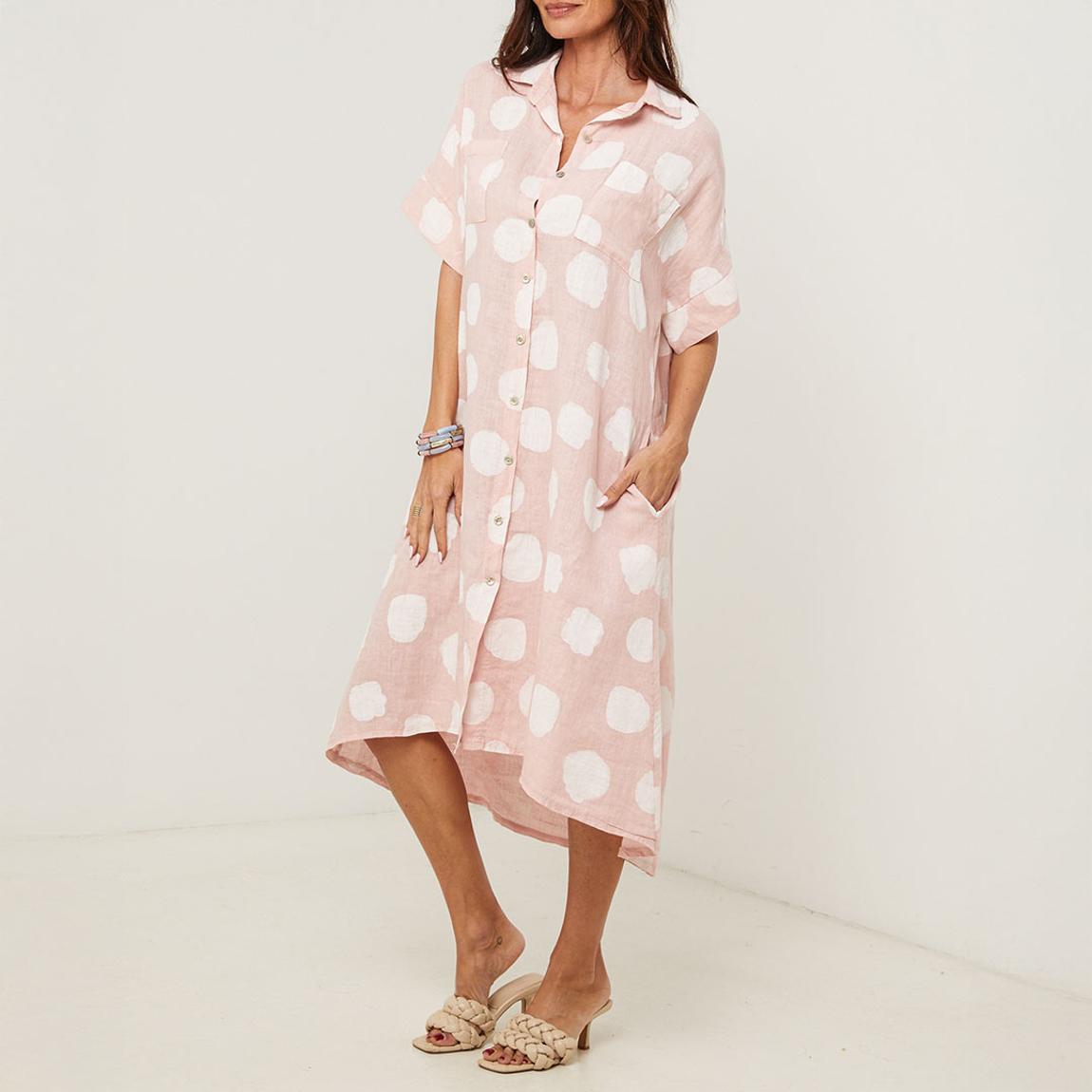 LE MONDE DU LIN Pink Linen Polka Dot Midi Dress - BrandAlley