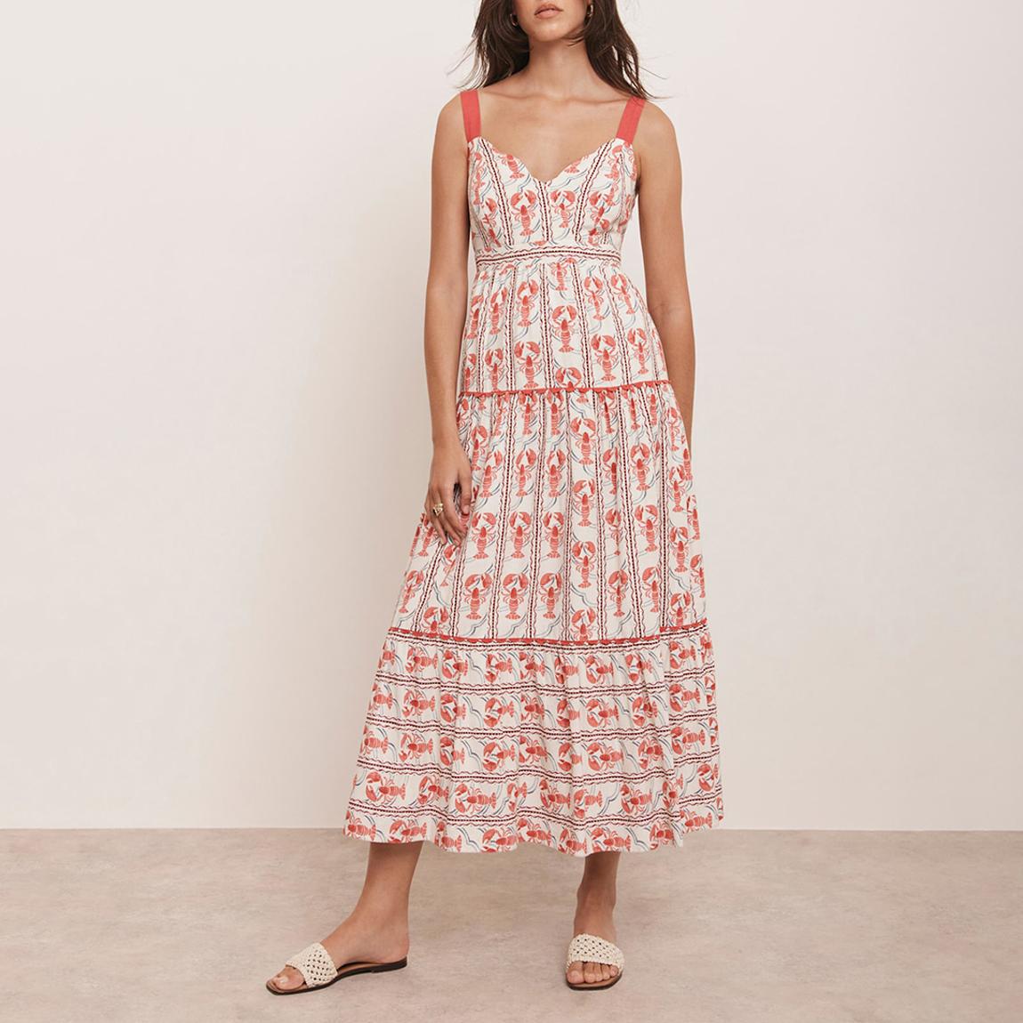 Red Lobster Print Linen Blend Maxi Dress Red Lobster Print Linen Blend Maxi Dress