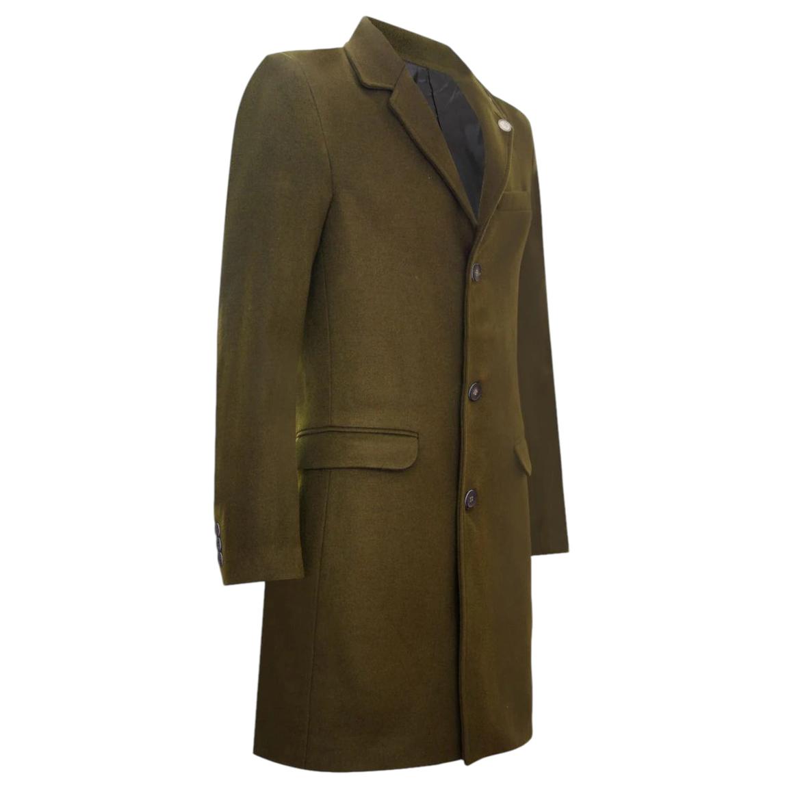 TruClothing Men's Long Olive Wool Slim Fit Overcoat - BrandAlley