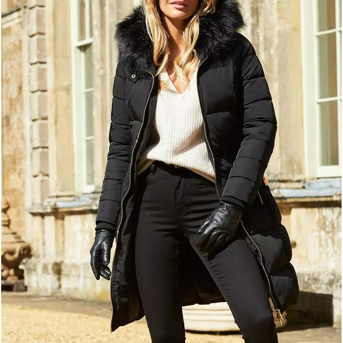 Black Faux Fur Trim Luxe Longline Padded Coat main product photo