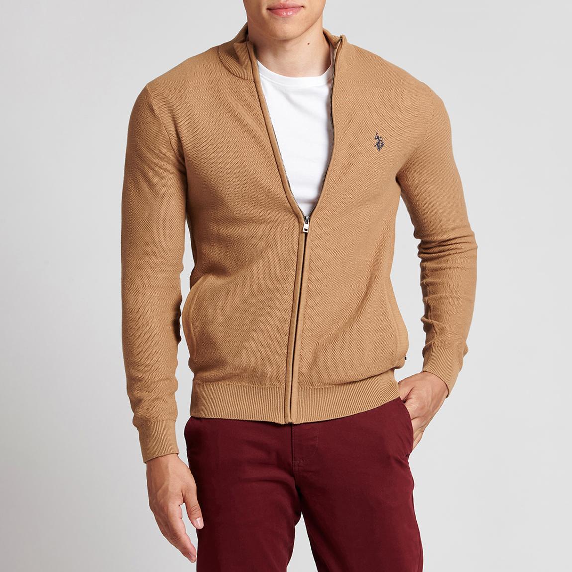 Tan Cotton Honeycomb Knit Zip Cardigan main product photo