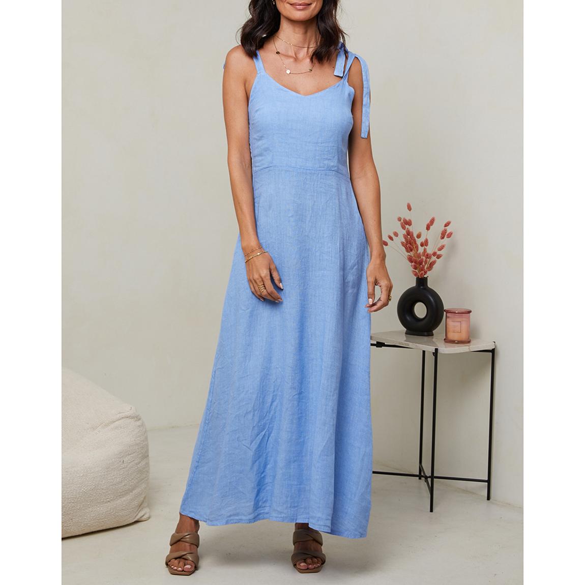 Pale Blue Tie Strap Linen Dress main product photo