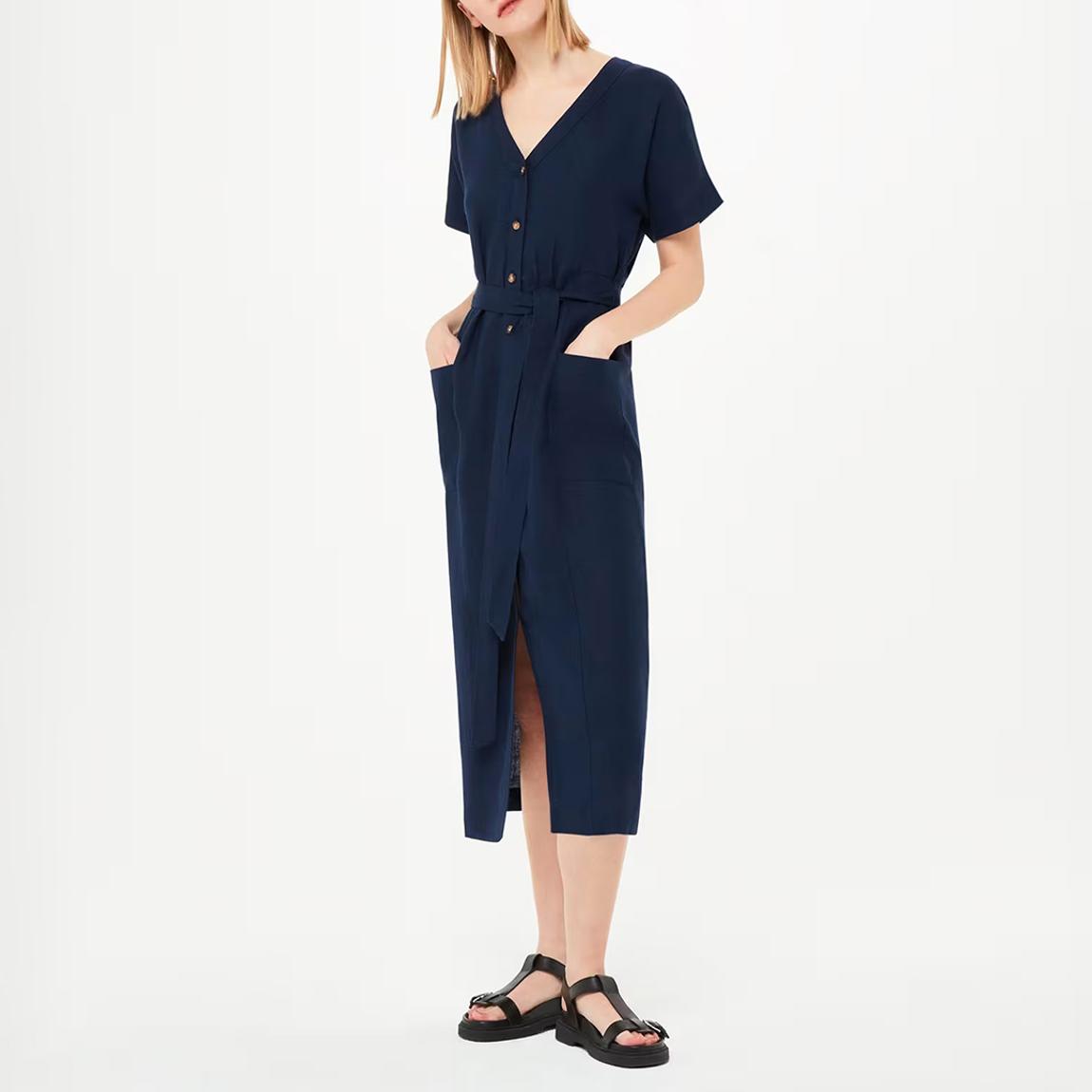 Navy Belted Linen Midi Dress main product photo