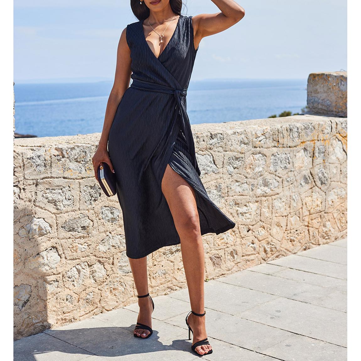 knee length dresses for ladies CurveWow Plisse Wrap Midi Dress Black – Curvewow