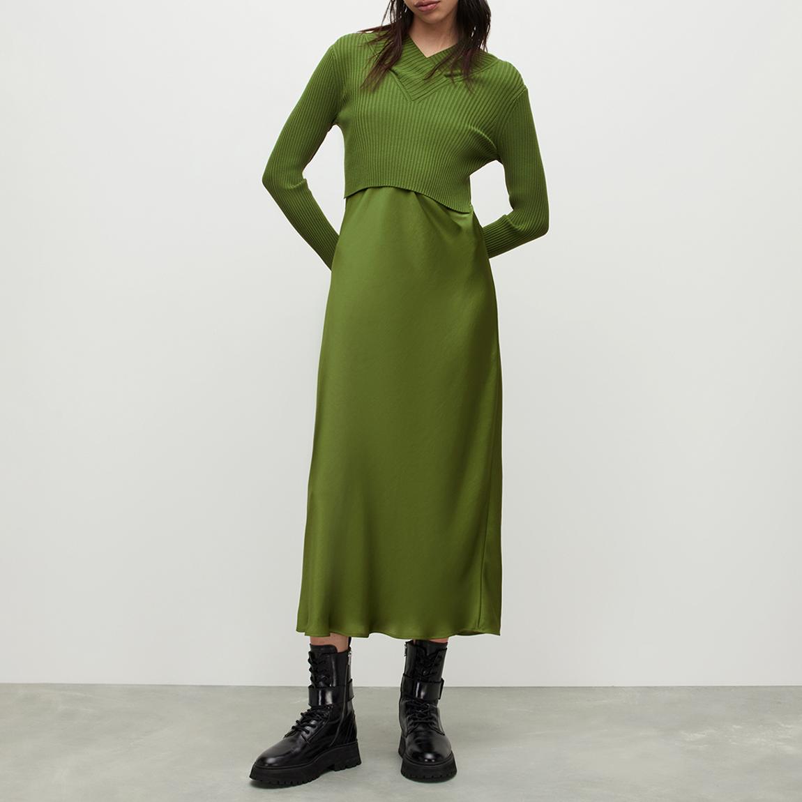 All Saints Green Hana Midi Dress - BrandAlley