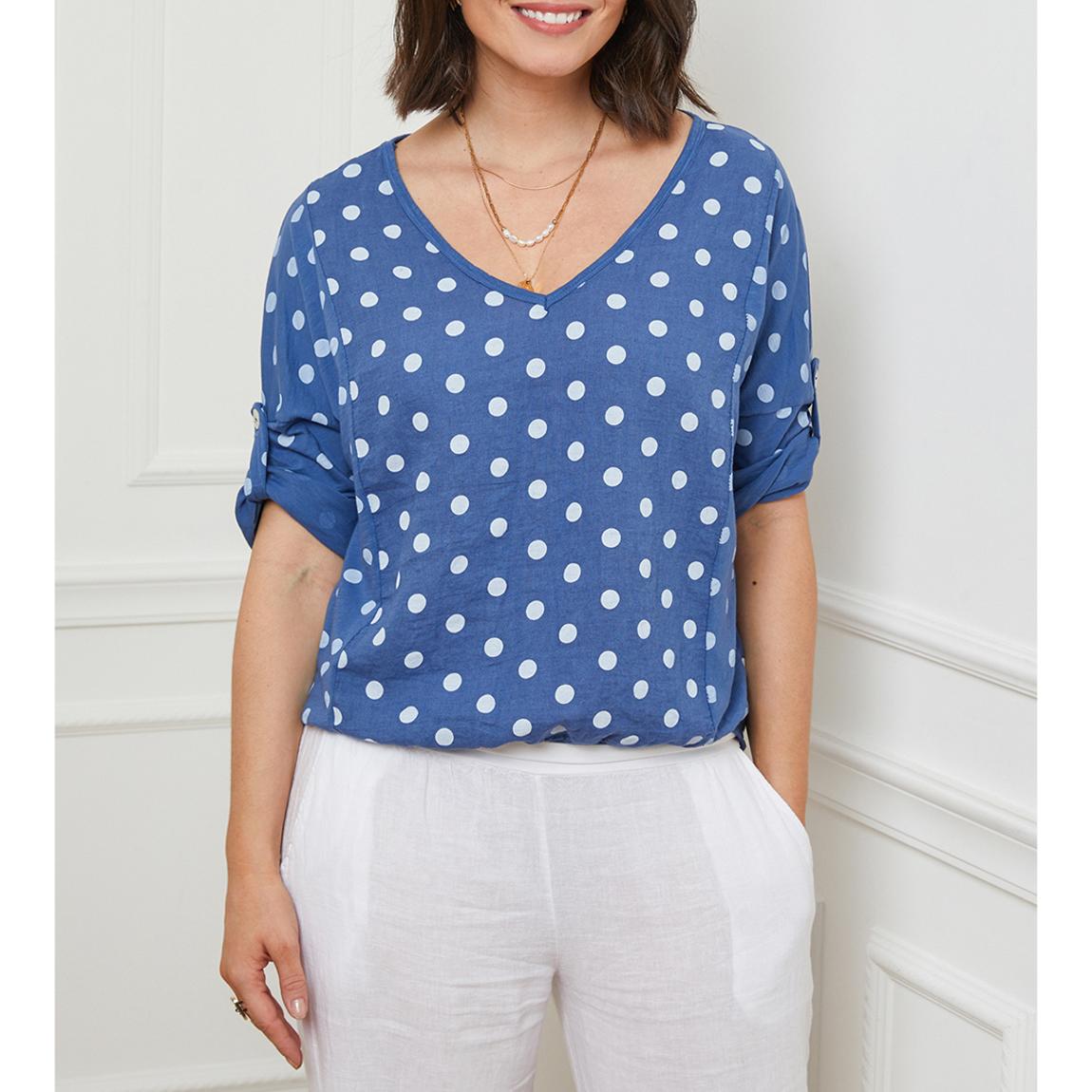 Blue Spot Print V Neck Linen Top main product photo