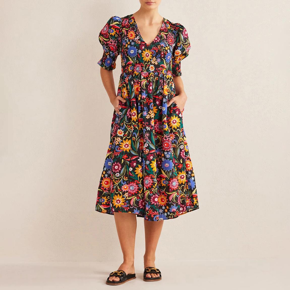 Multi Cotton Smocked Bodice Midi Dress main product photo