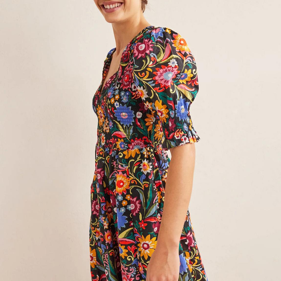 knee length dresses for ladies Carolina Smocked Midi Dress-Cognanc, Floweret Vine