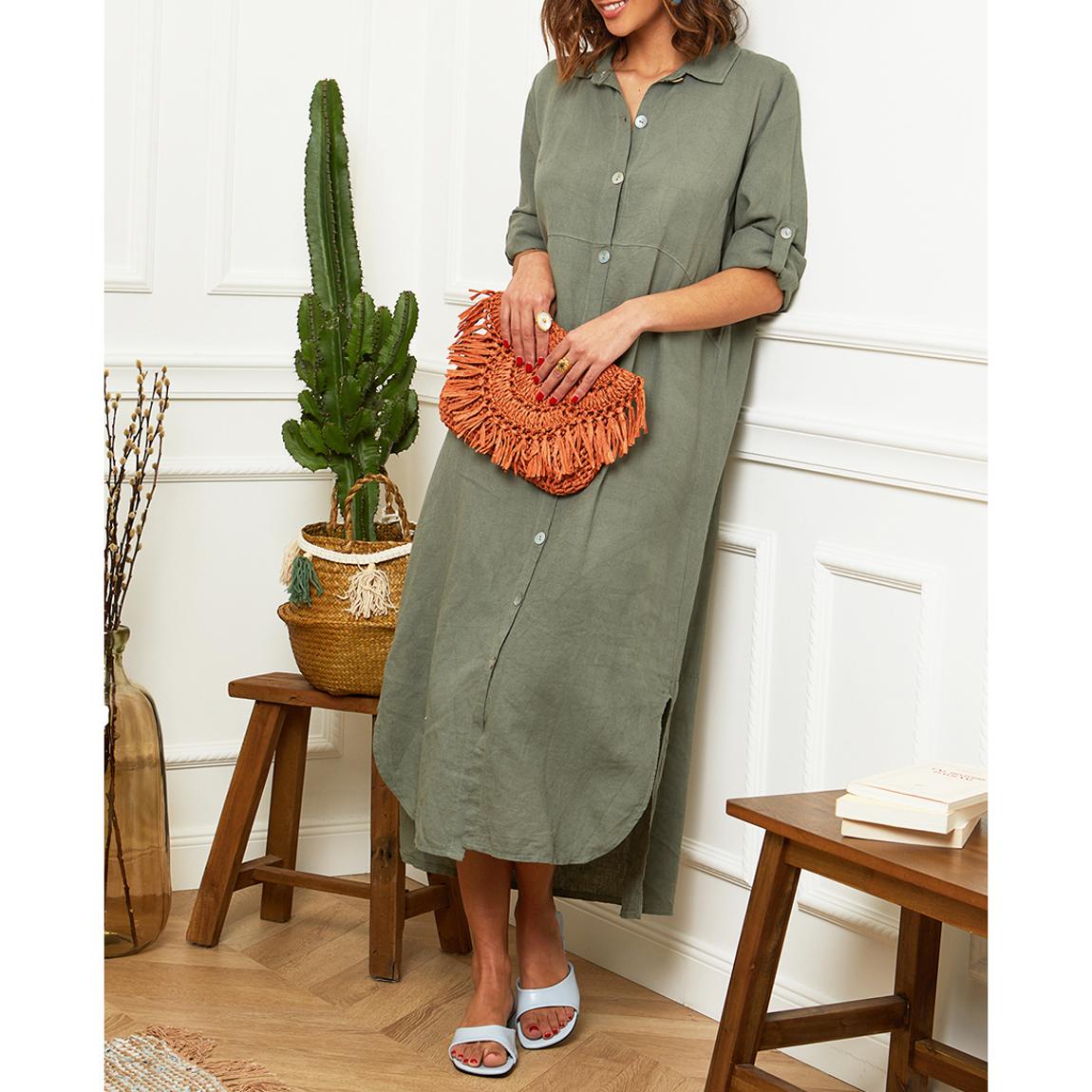 Khaki Button Down Linen Maxi Dress main product photo