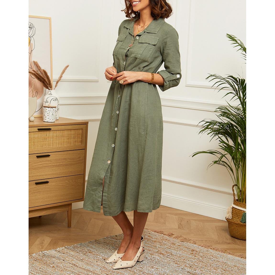 LE MONDE DU LIN Khaki Maxi Linen Dress - BrandAlley