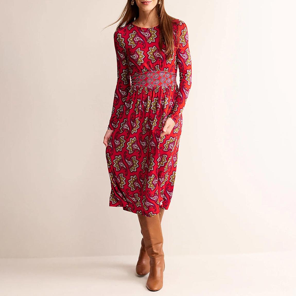 Boden Red Thea Long Sleeve Midi Dress - BrandAlley