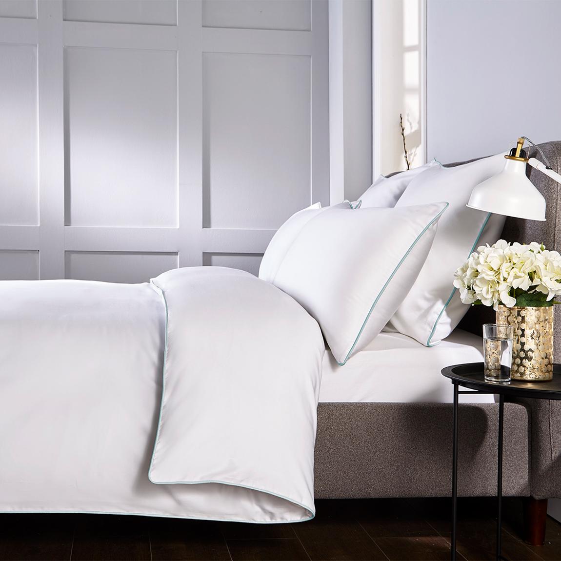 400TC Piped King Duvet Cover Set,White/Duck Egg main product photo