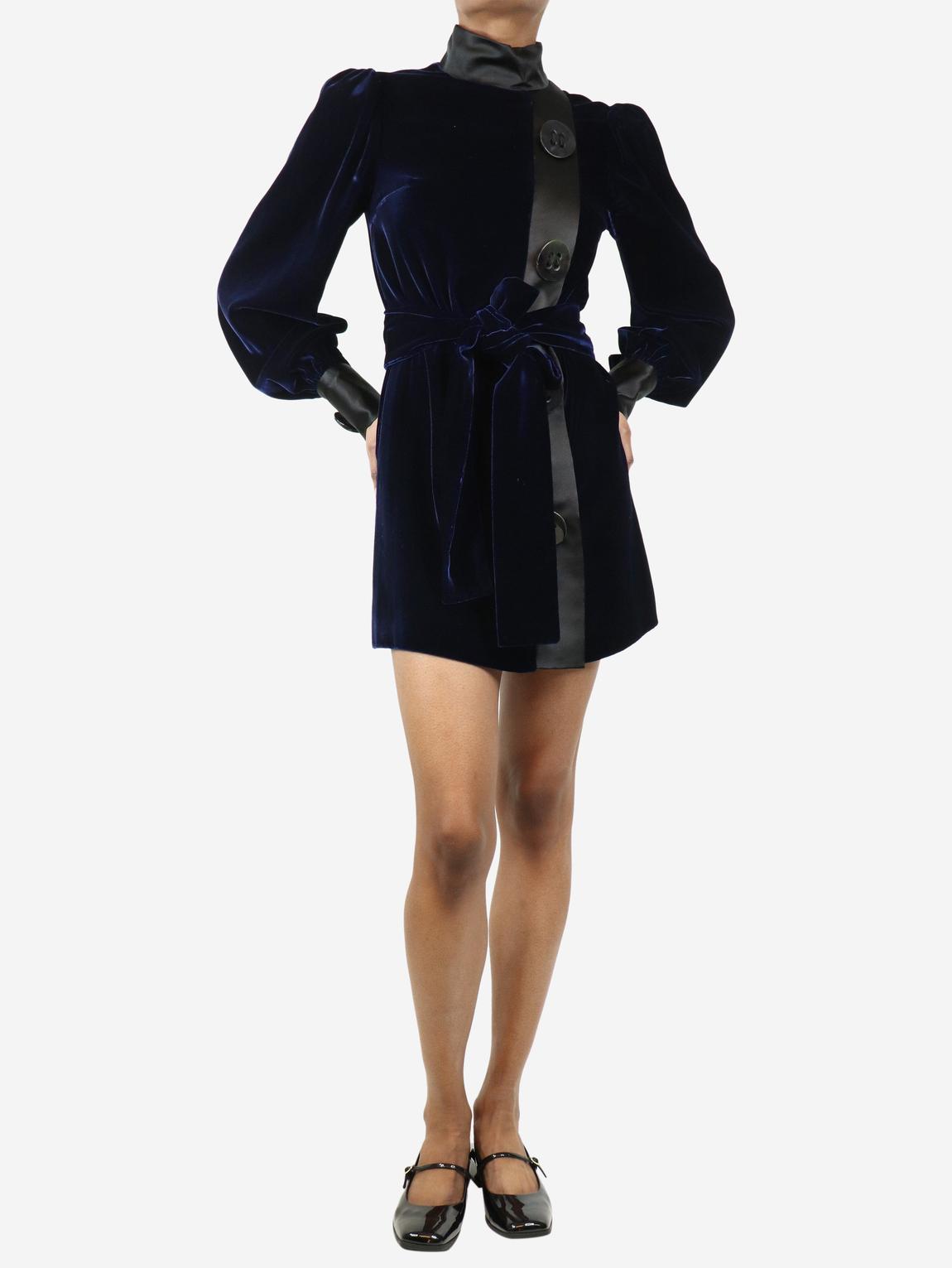 Blue velvet button-front mini dress main product photo