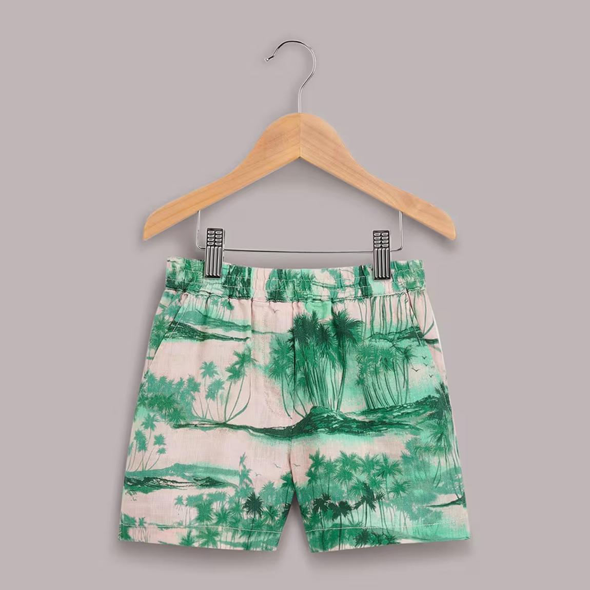 Pink/Green Palm Print Sammy Linen Blend Shorts main product photo