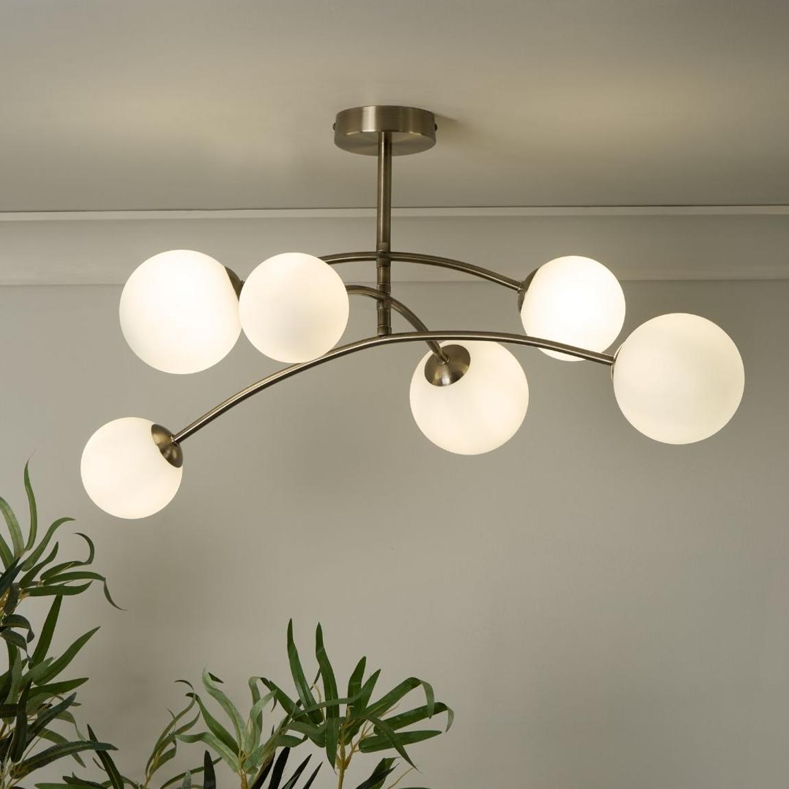 Ellison 6 Light Antique Brass & Frosted Glass Flush Ceiling Light main product photo