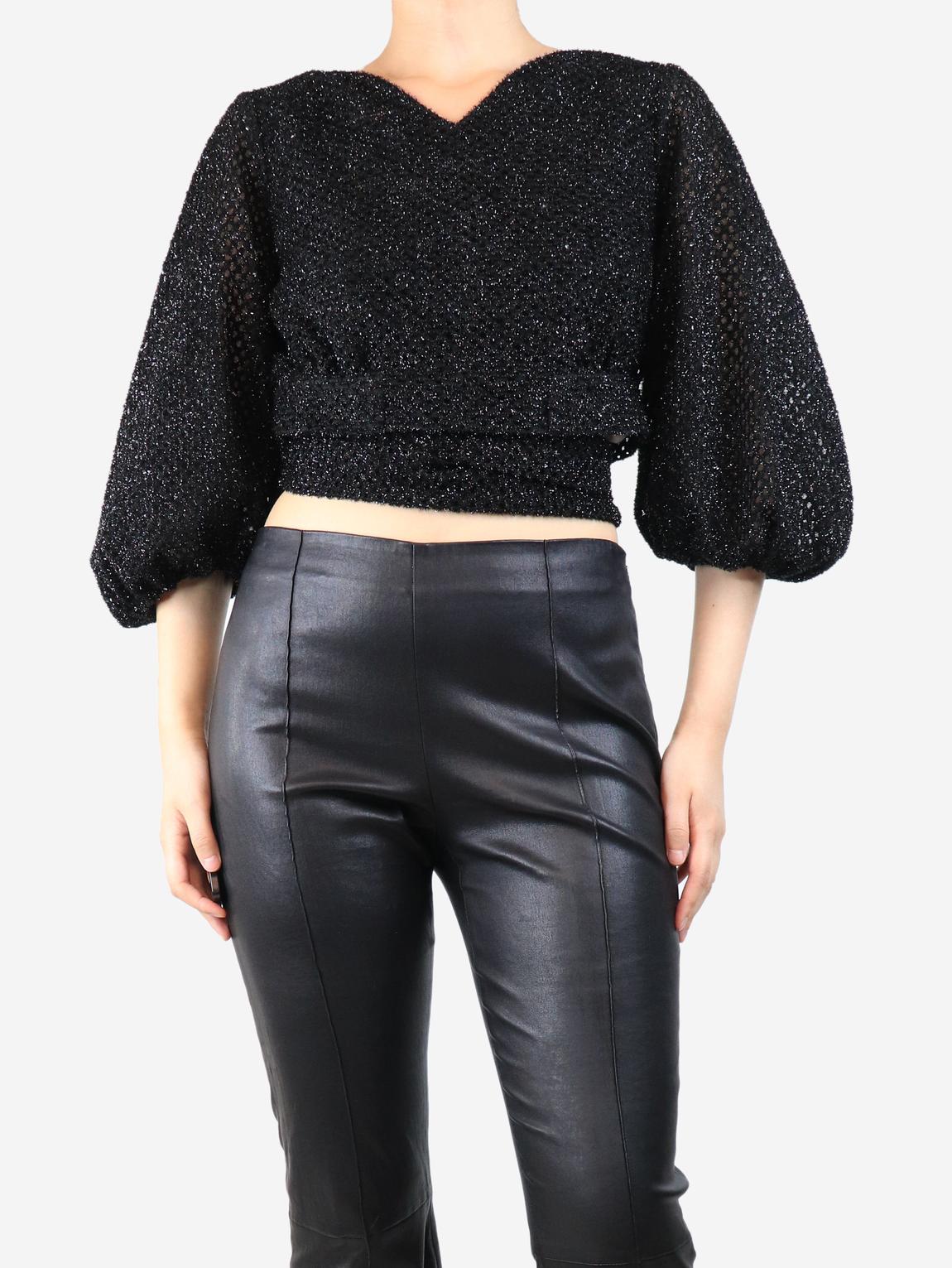 Black lurex fuzzy puff-sleeved crop-top main product photo
