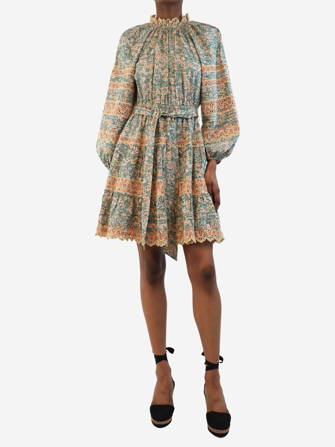 Green belted floral mini dress main product photo