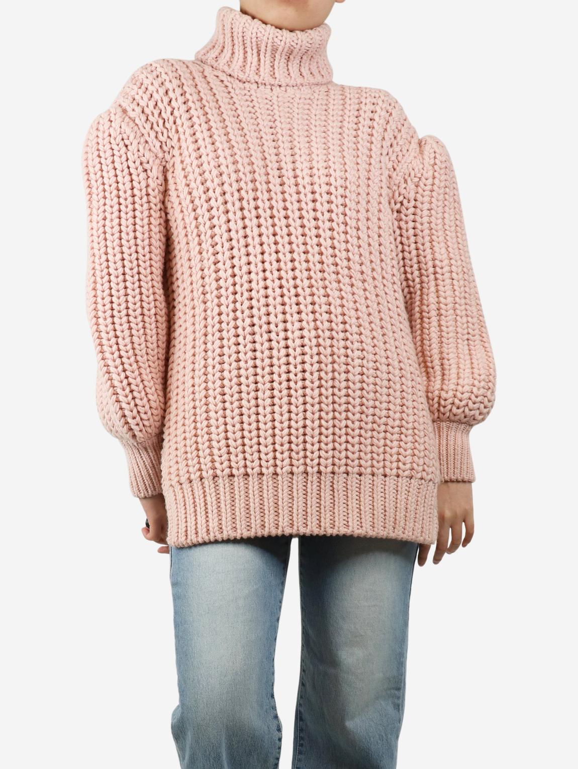 Pink puff-sleeved chunky cable-knit jumper main product photo