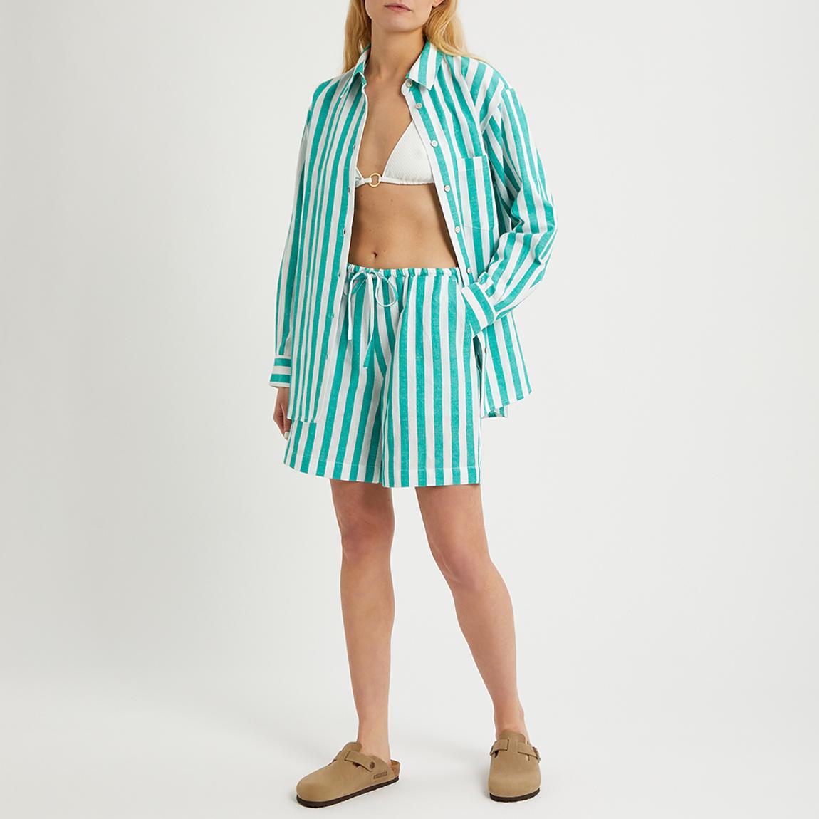 Emerald Stripe Linen Blend Pull On Short main product photo
