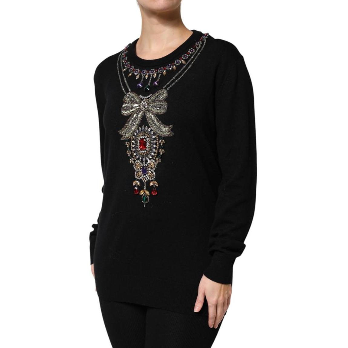 Embellished Jewel Neck Pullover Sweater Wo - Black main product photo