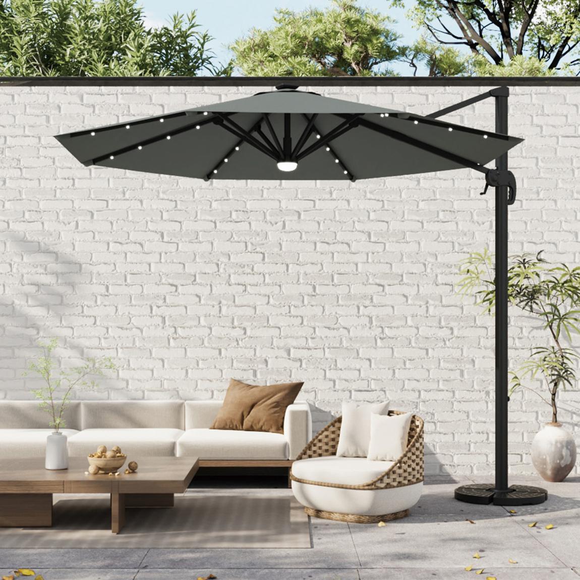 Round Cantilever Parasol with Solar Light and HDPE Parasol Base 293cm - Dark Grey main product photo
