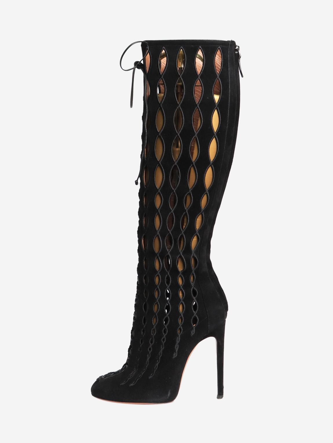 Black suede knee-high cutout boots main product photo