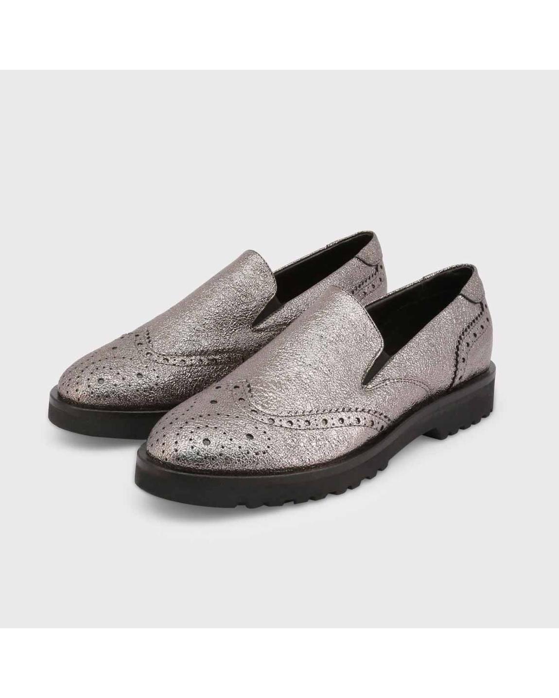 Metallic Brogue Loafers Wo - Grey Flat Shoes main product photo