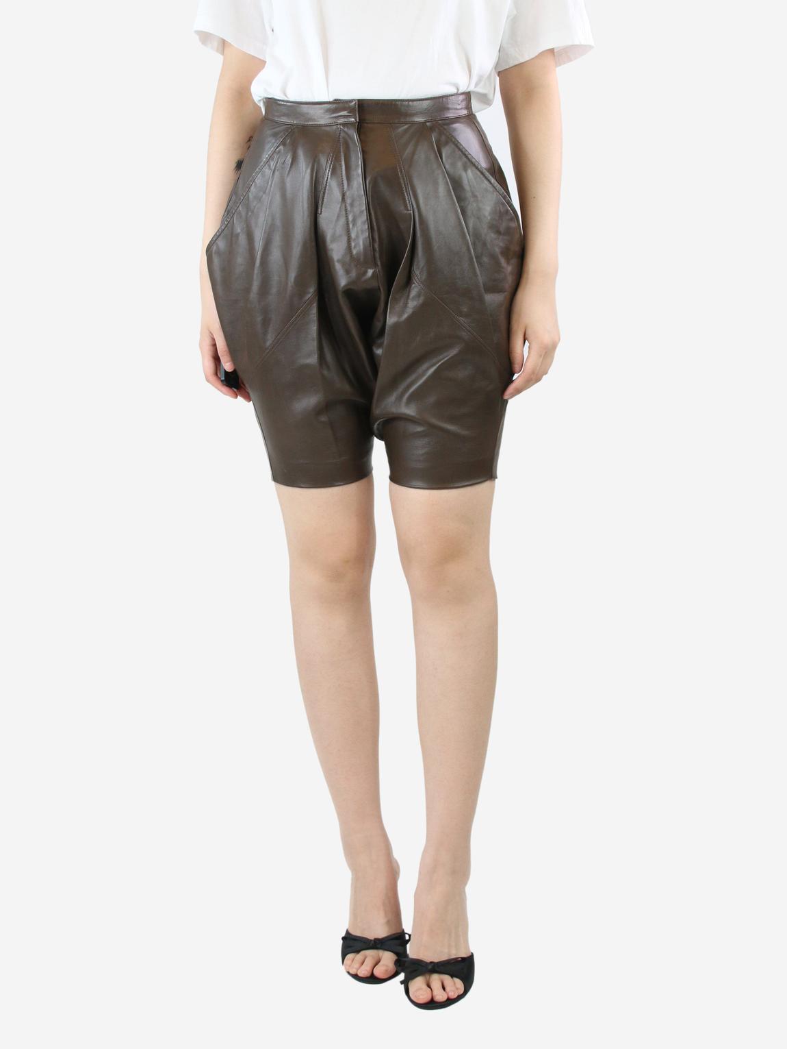 Brown pleated leather shorts main product photo