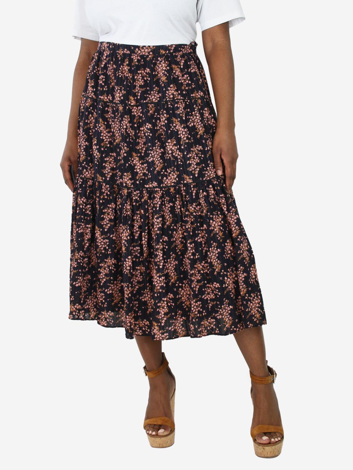Navy blue floral tiered midi skirt main product photo