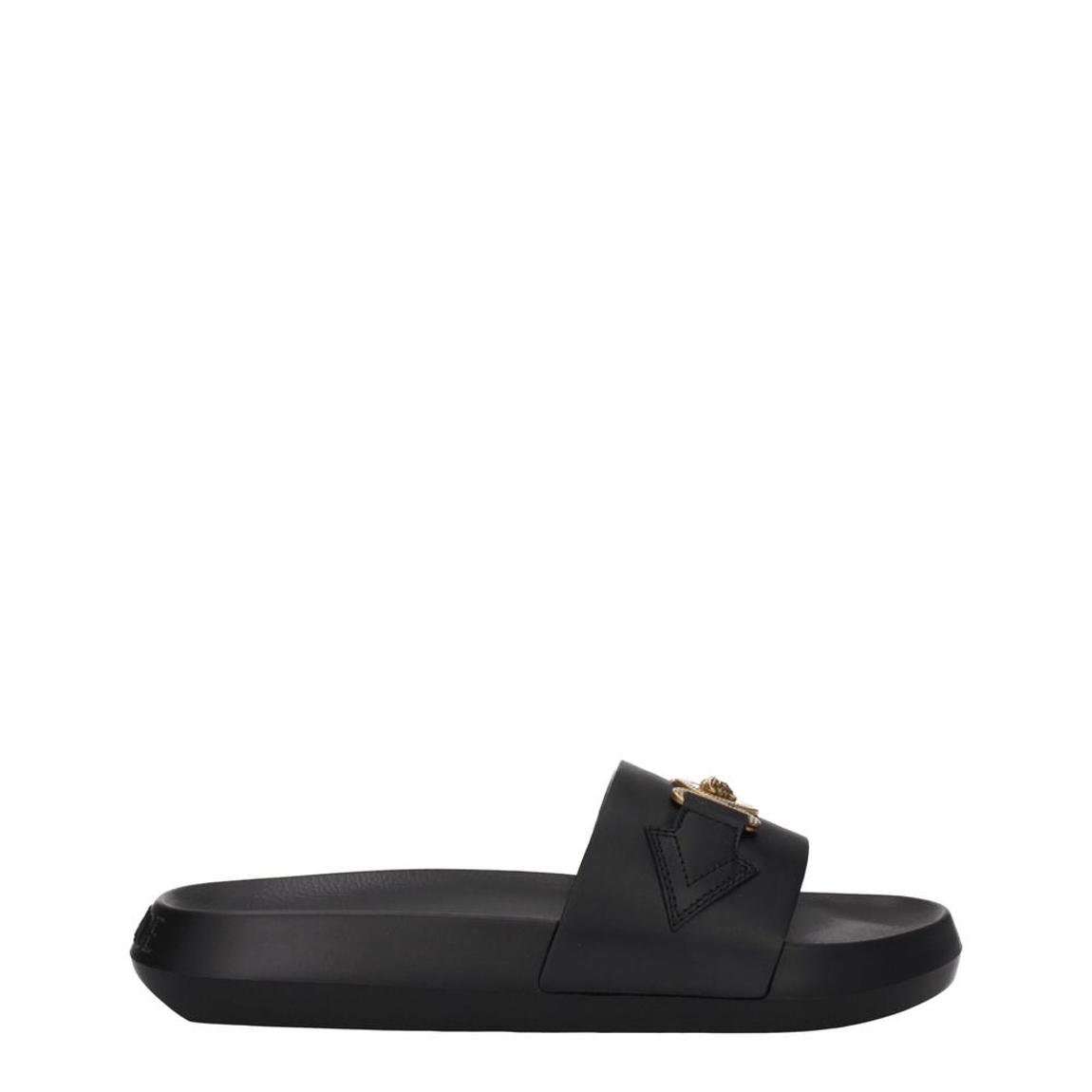 Leather Slippers with Back Logo and Open Toe Design - Black main product photo