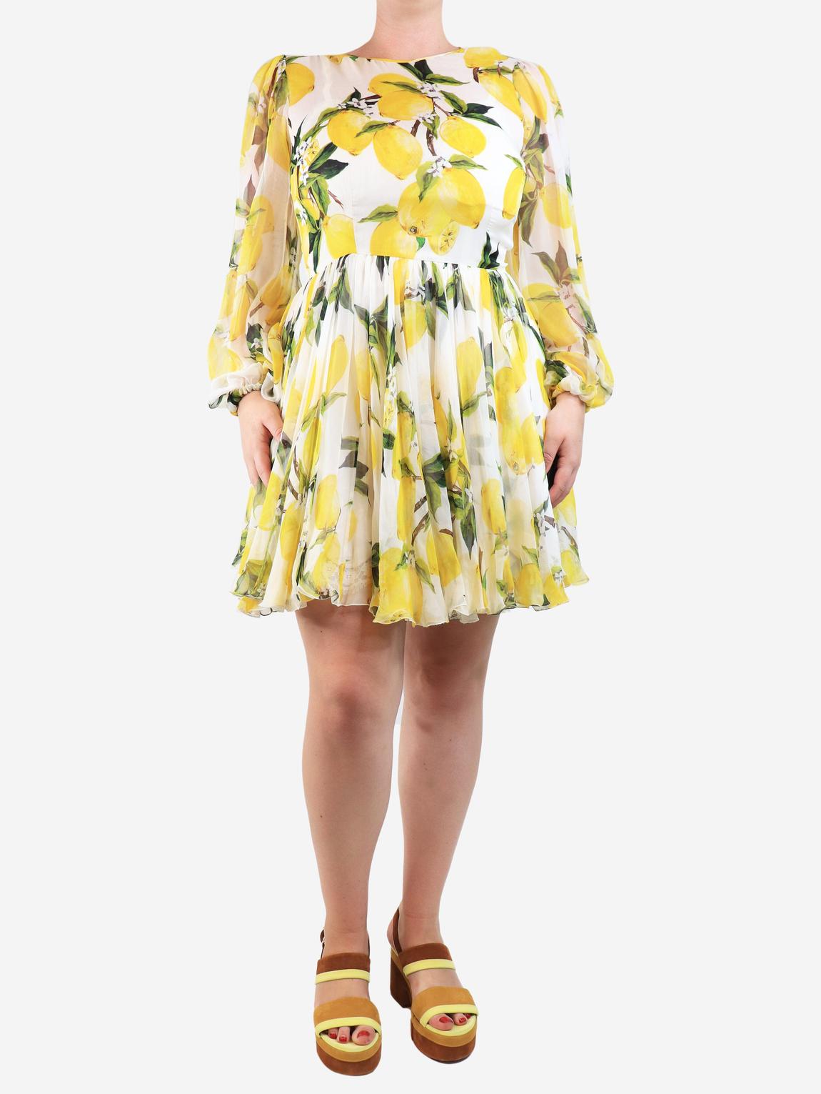 Yellow silk lemon-print mini dress main product photo