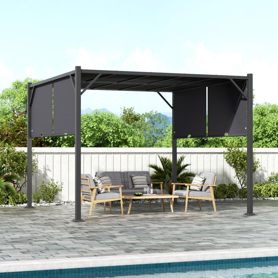 292cm Outdoor Retractable Steel Pergola with Canopy - Black main product photo