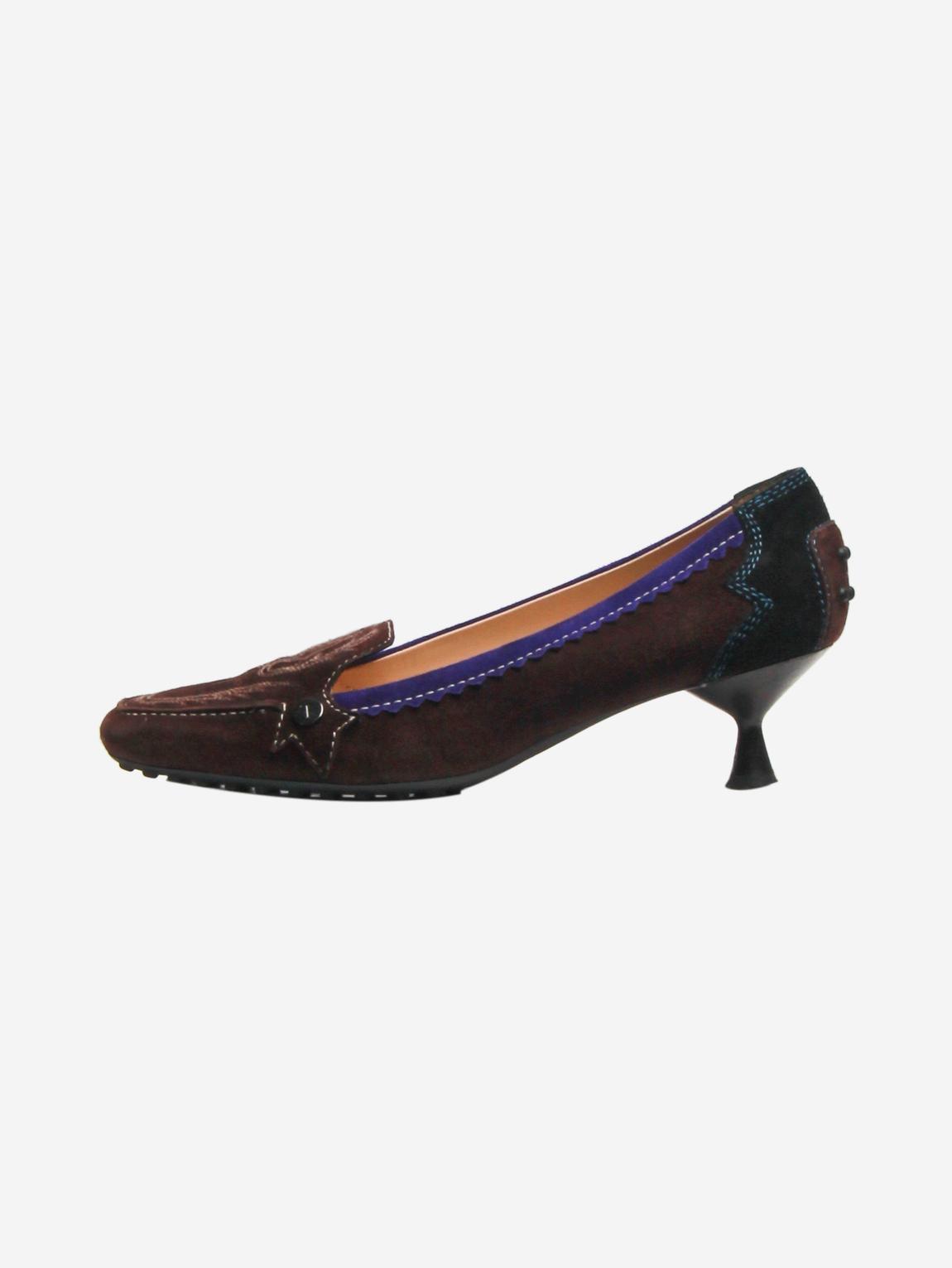 Brown embroidered suede pumps main product photo