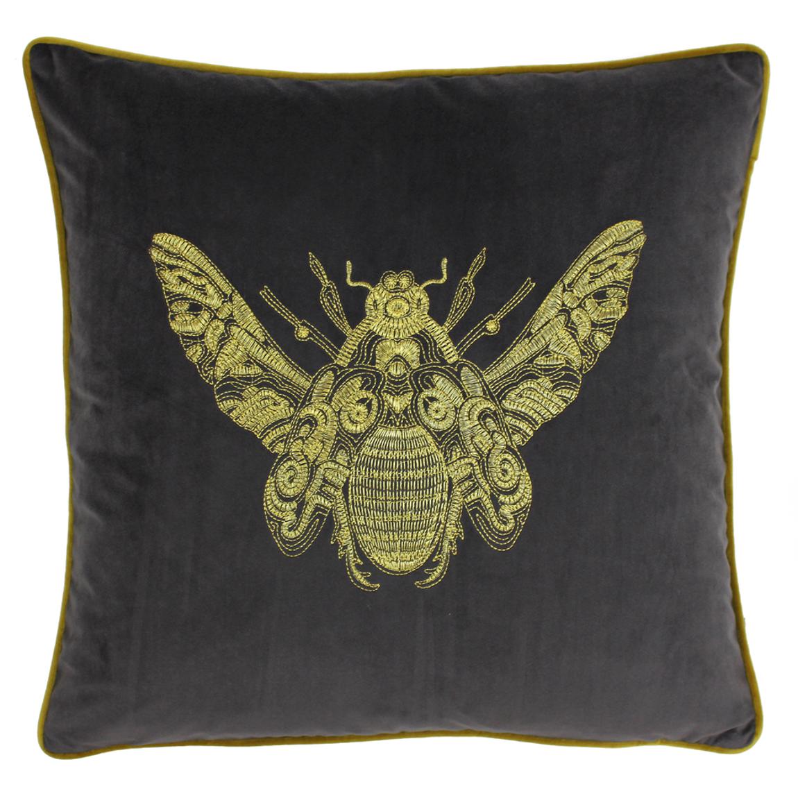 Cerana Embroidered Velvet 50 x 50cm Feather Cushion, Charcoal main product photo