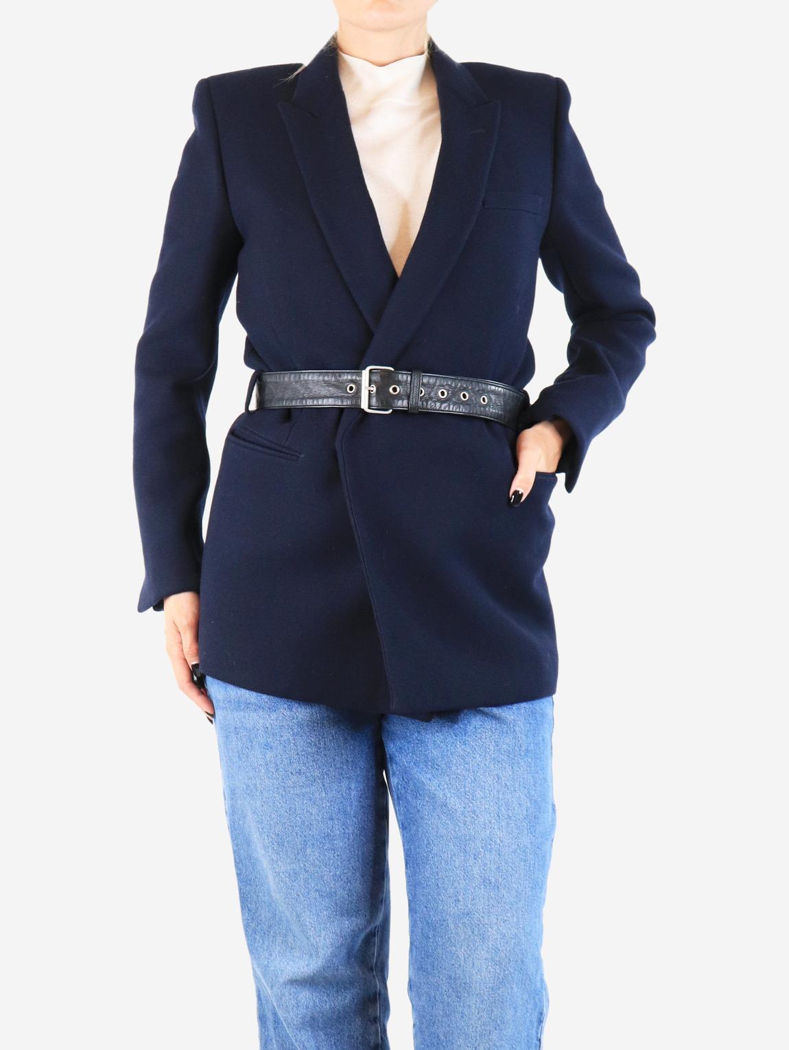 Navy blue belted wool blazer main product photo