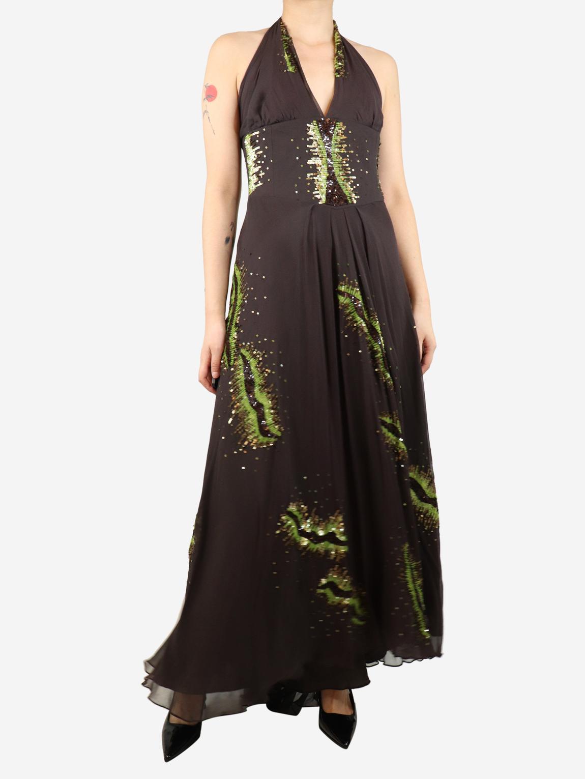Brown halter neck silk maxi dress main product photo
