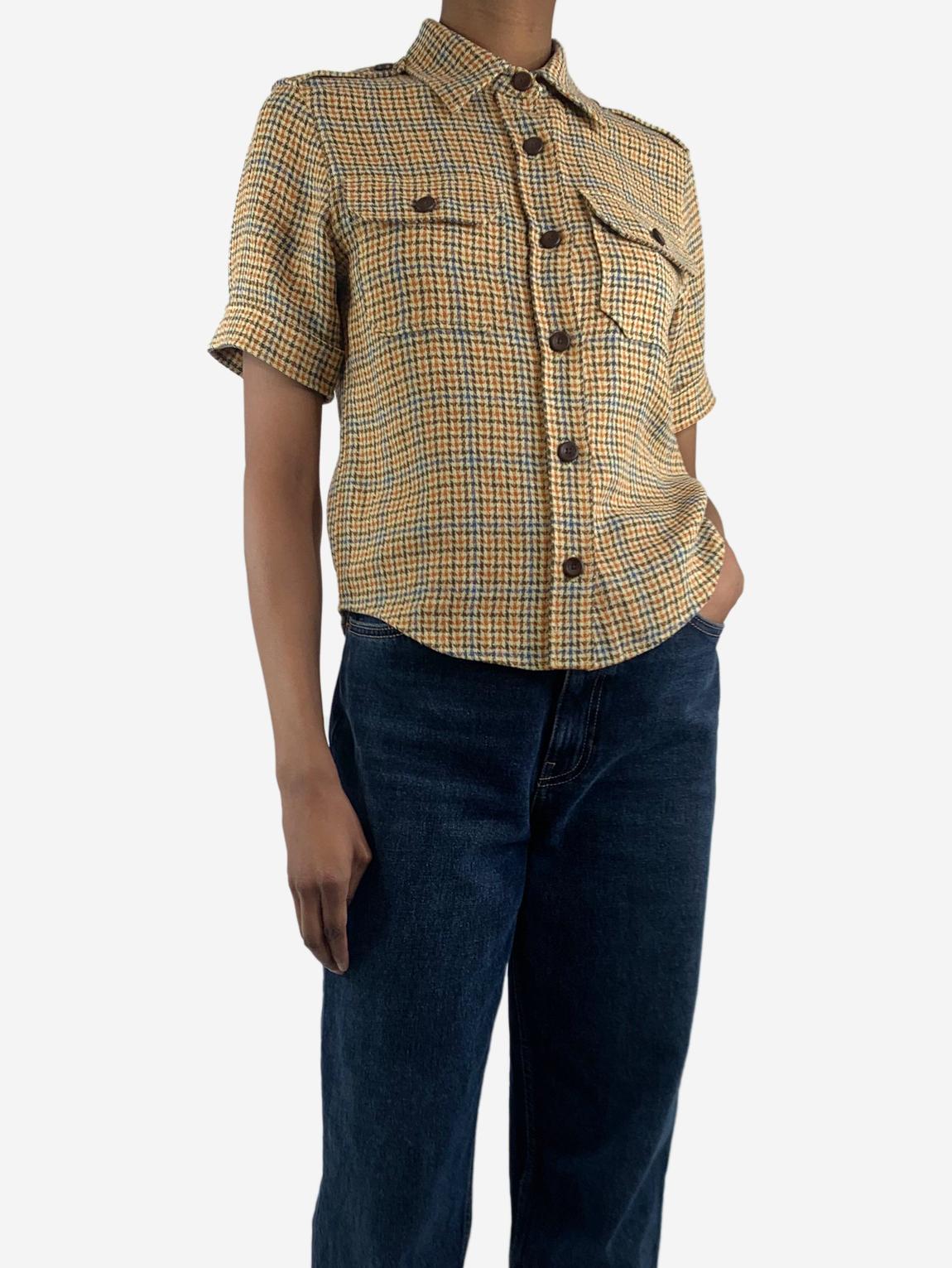 Brown short-sleeved checkered flax shirt main product photo