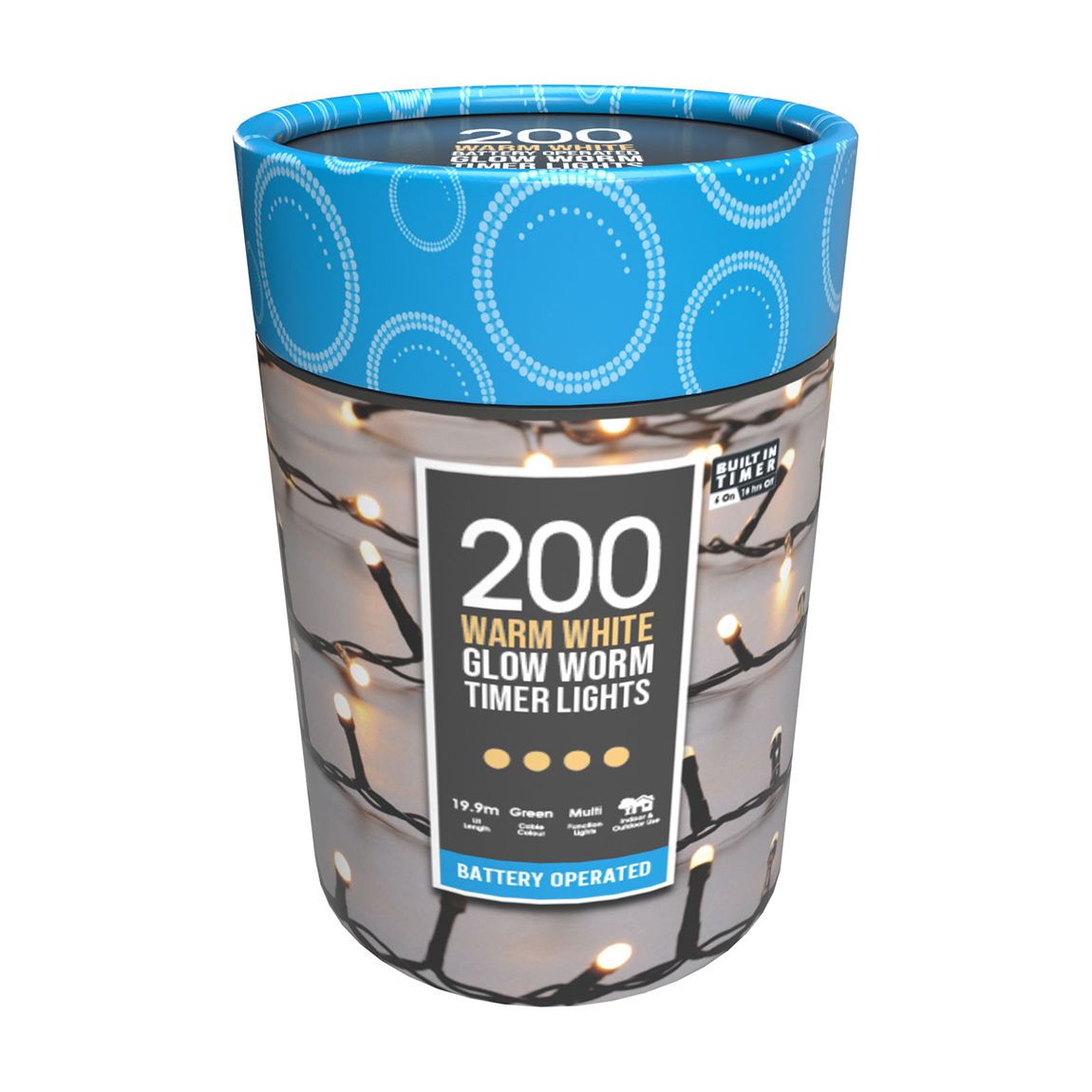 200 Battery Operated Timer Glow Worm Lights - Warm White