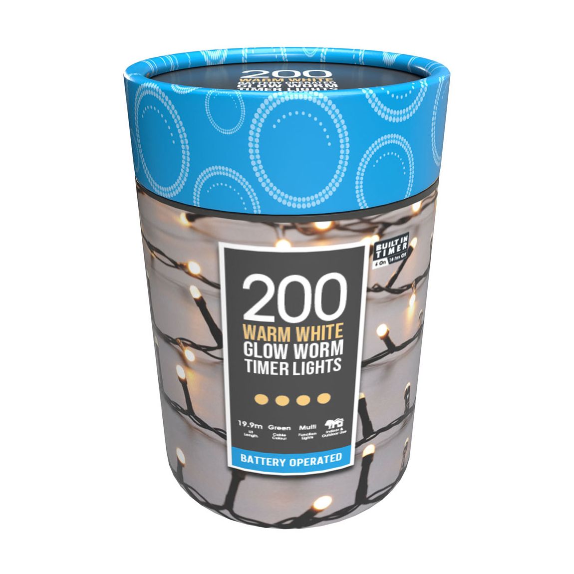 200 Battery Operated Timer Glow Worm Lights - Warm White