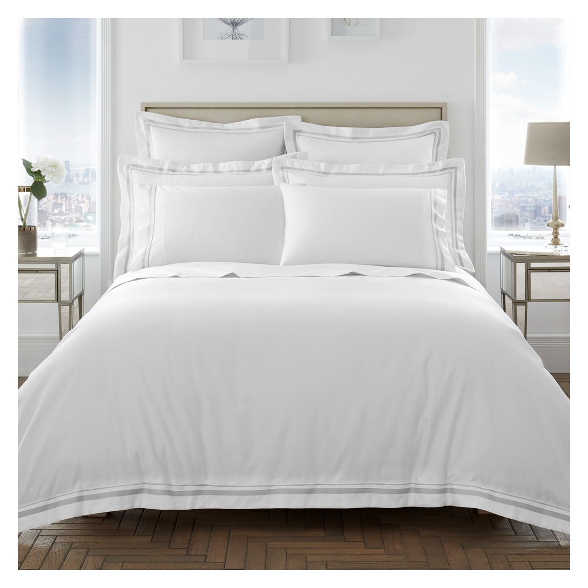 1000TC Pair of Large Square Pillowcases, White/Grey