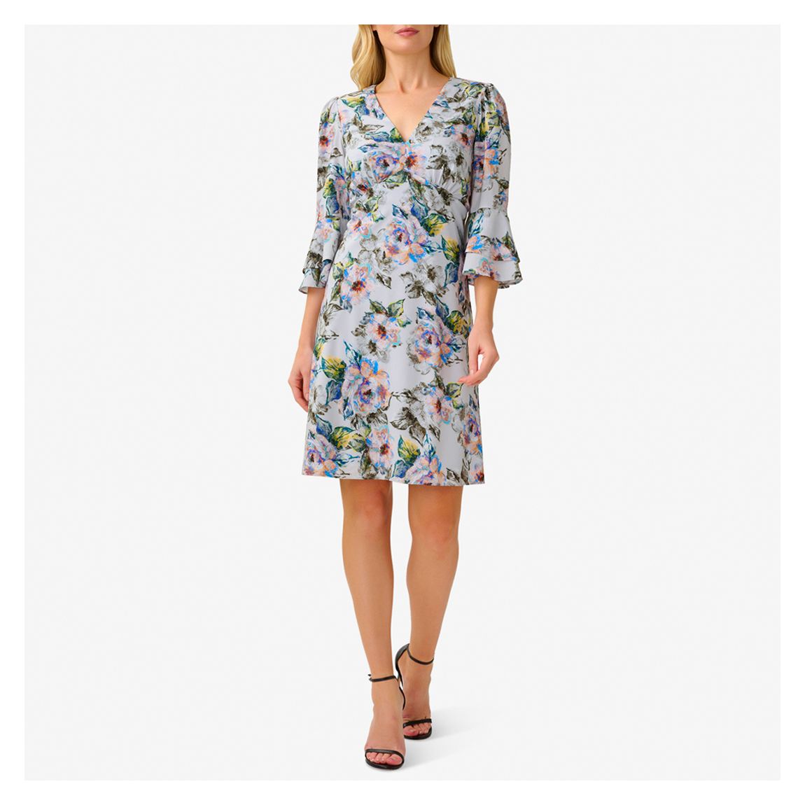 Grey Floral Chiffon Dress
